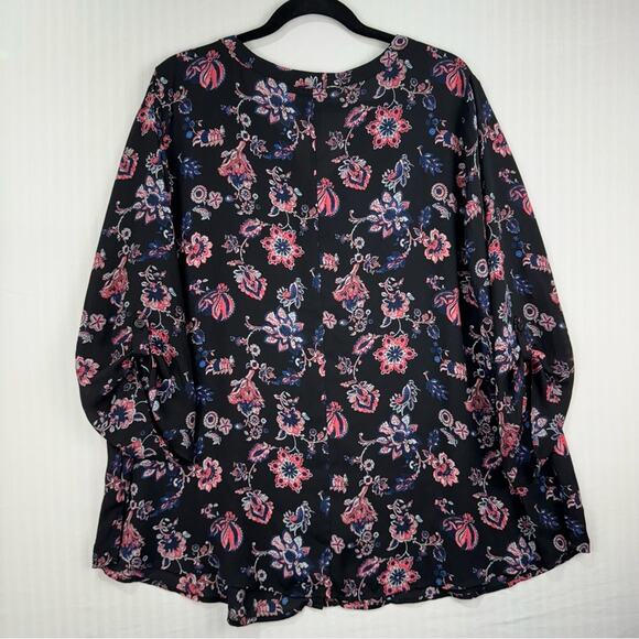 Catherine’s Black Peasant Blouse Women 2X Sheer Button Up Boho Chic Pink Floral - Picture 4 of 9